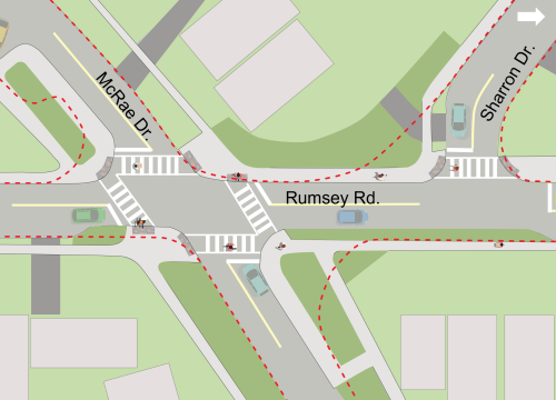 The planned Vision Zero improvements at McRae Drive/Rumsey Road/Sharron Drive, including the removal of the right-turn channel islands, addition of high-visibility zebra markings, extending sod boulevards and sidewalks, tightening corner radii to reduce vehicle turning speeds, adding tactile plates, protecting existing trees and relocating bus stops.