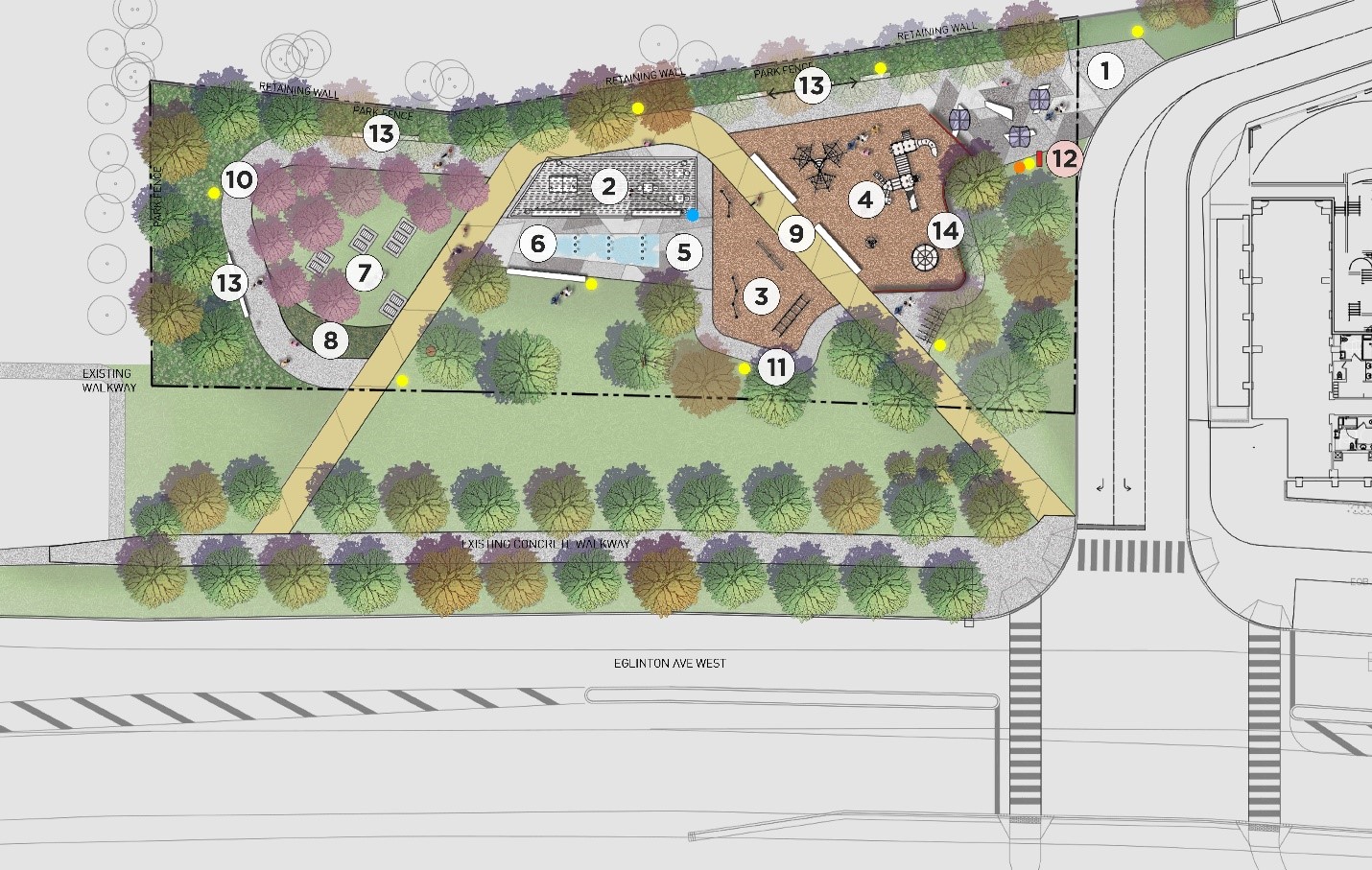 Preferred concept plan showing the park design. A walking path is proposed on the west side of the park, there is a centrally located plaza with shade structure and interactive water feature, to the east of the plaza is a fitness area and playground with equipment. Planting is integrated throughout, and pathways connect to all programming elements.