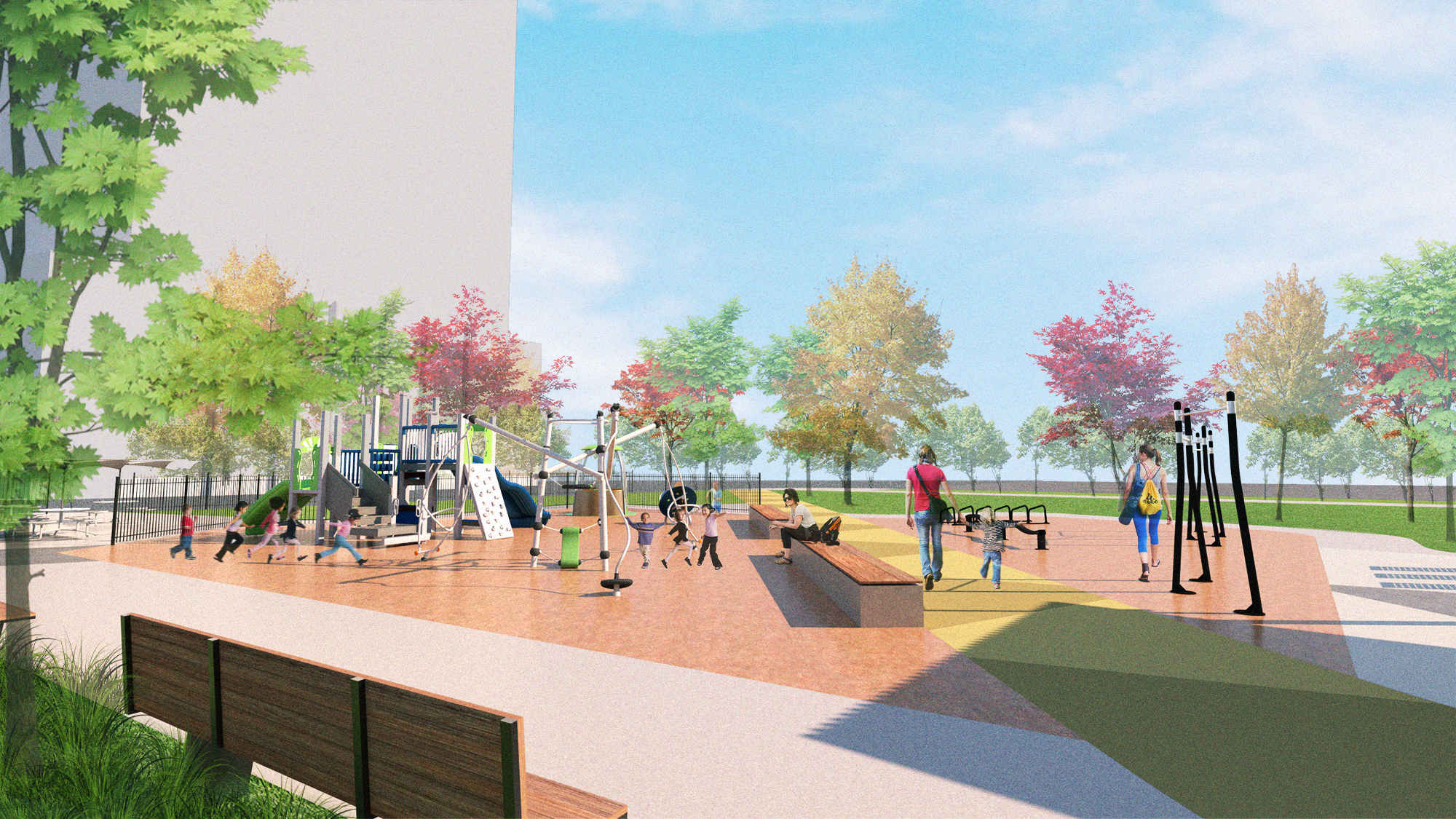 A rendering of the playground area and the associated equipment, with the connective walking paths. The image also shows the proposed fitness area, tree planting and seating areas facing the playground space for parents.