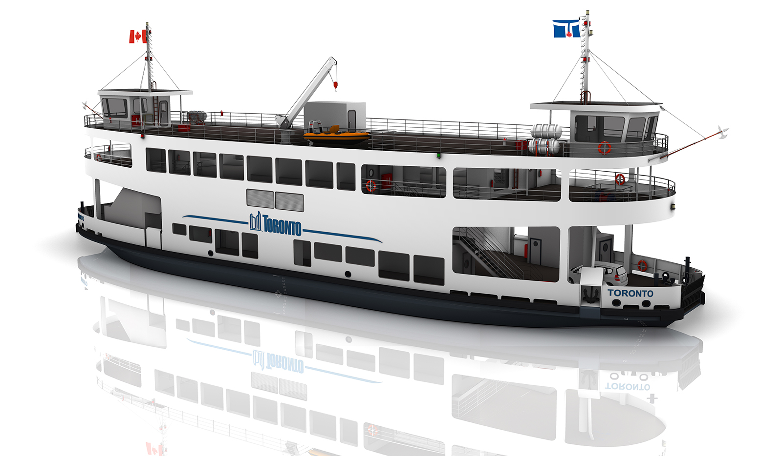 A rendering of the passenger/vehicle ferry design (called ROPAX) while on the water with the Toronto city skyline in the background. The ferry is white with two mostly enclosed levels with eight windows on the top level.