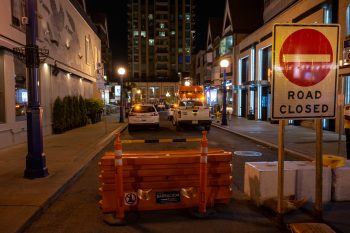 Road closed sign and bollards