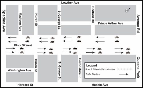 Map of winter shut down area along Bloor Street West between Avenue Road and Spadina Avenue. Please contact Mark De Miglio at 416 395 7178 or mark.demiglio@toronto.ca for more information.