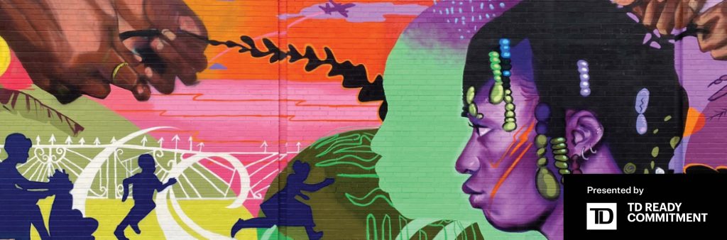 Vibrantly painted mural with two hands braiding hair on the left, and a figure with purple skin having their hair done on the far right.