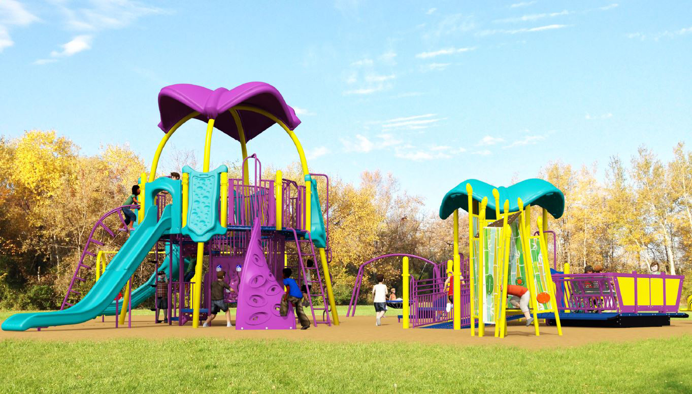A rendering of the new playground design, with the primary colour of purple. Features are described following the image. 