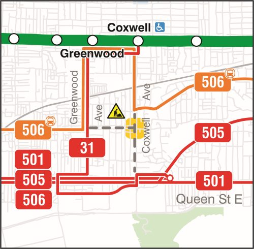Map of Phase 2 TTC detour map at Coxwell Avenue and Gerrard Street East intersection. Please contact Mark De Miglio at 416 392 3074 or coxwellgerrard@toronto.ca for more information.