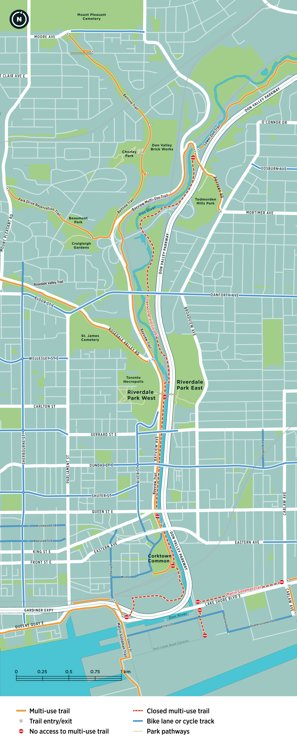 A map of the Lower Don Trail and surrounding area, showing the areas impacted by phase 2 construction for the trail improvements. The multi-use trail running predominantly north-south is shown in orange, a non-entry symbol shows the trail entry points that are closed during construction, a red lined with hash marks shows the closed multi-use trail, and the bike lane or cycle track is shown with a blue line. 
