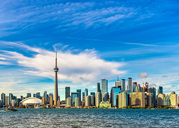Aerial view of Toronto skyline and lake Ontario