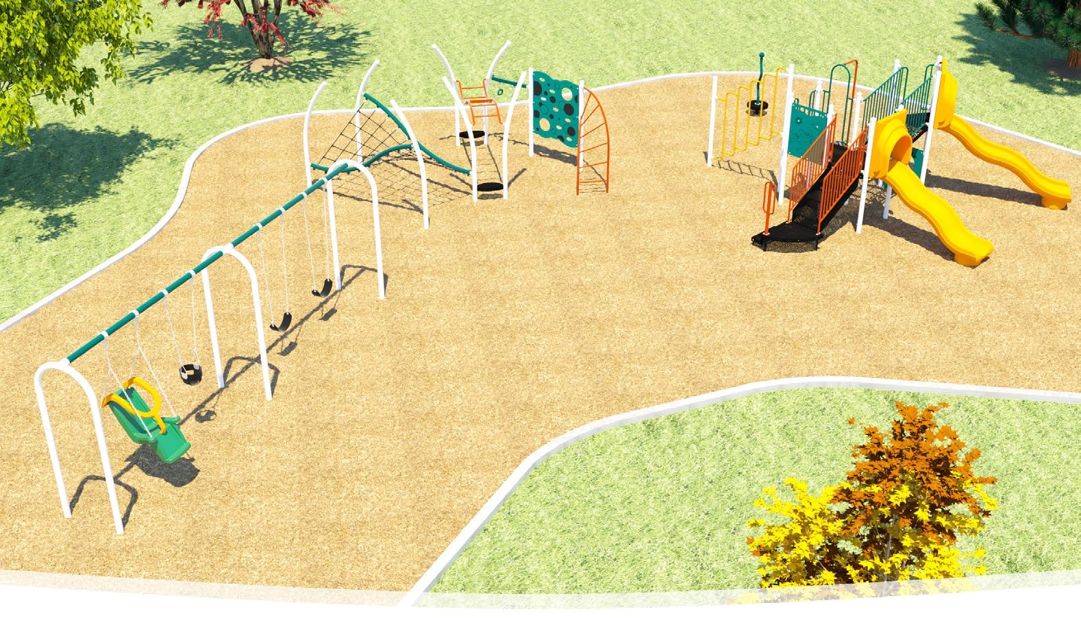 A rendering of playground Option A aerial view showing swingset, separate climbing structure with nets, and separate combined junior/senior structure.