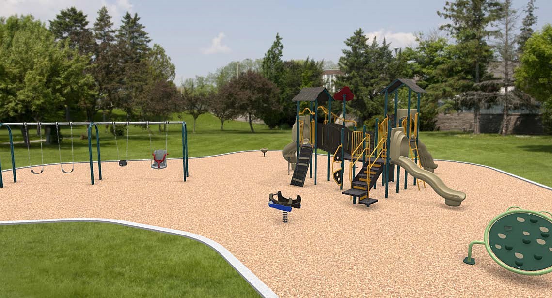 Option C Aerial view showing combined senior/junior play structure, separate small climber, separate spring toy, and swingset.
