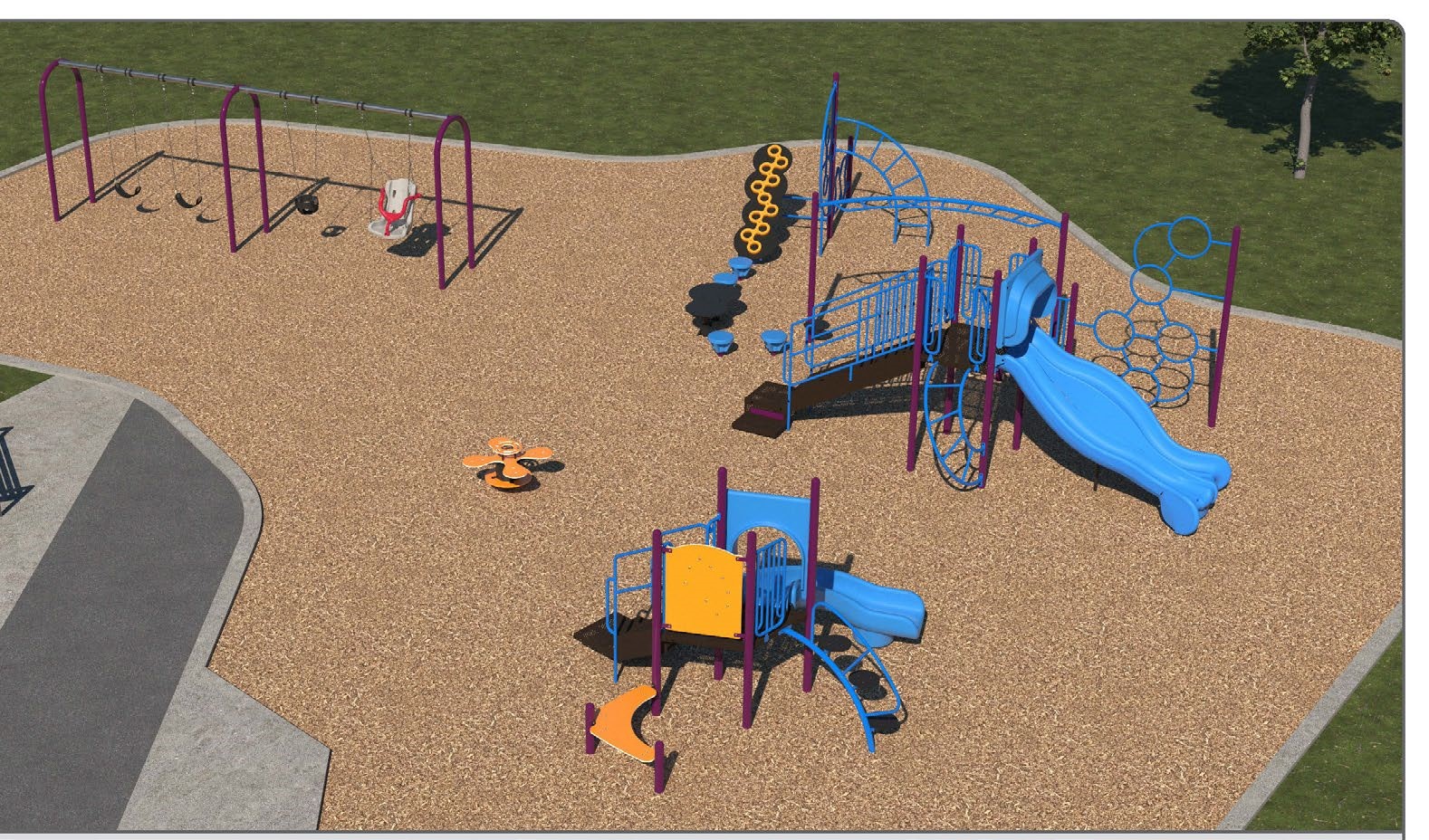 A rendering of playground Option B Aerial view showing junior play structure, senior play structure, stepping stones, wobble table, and swingset.