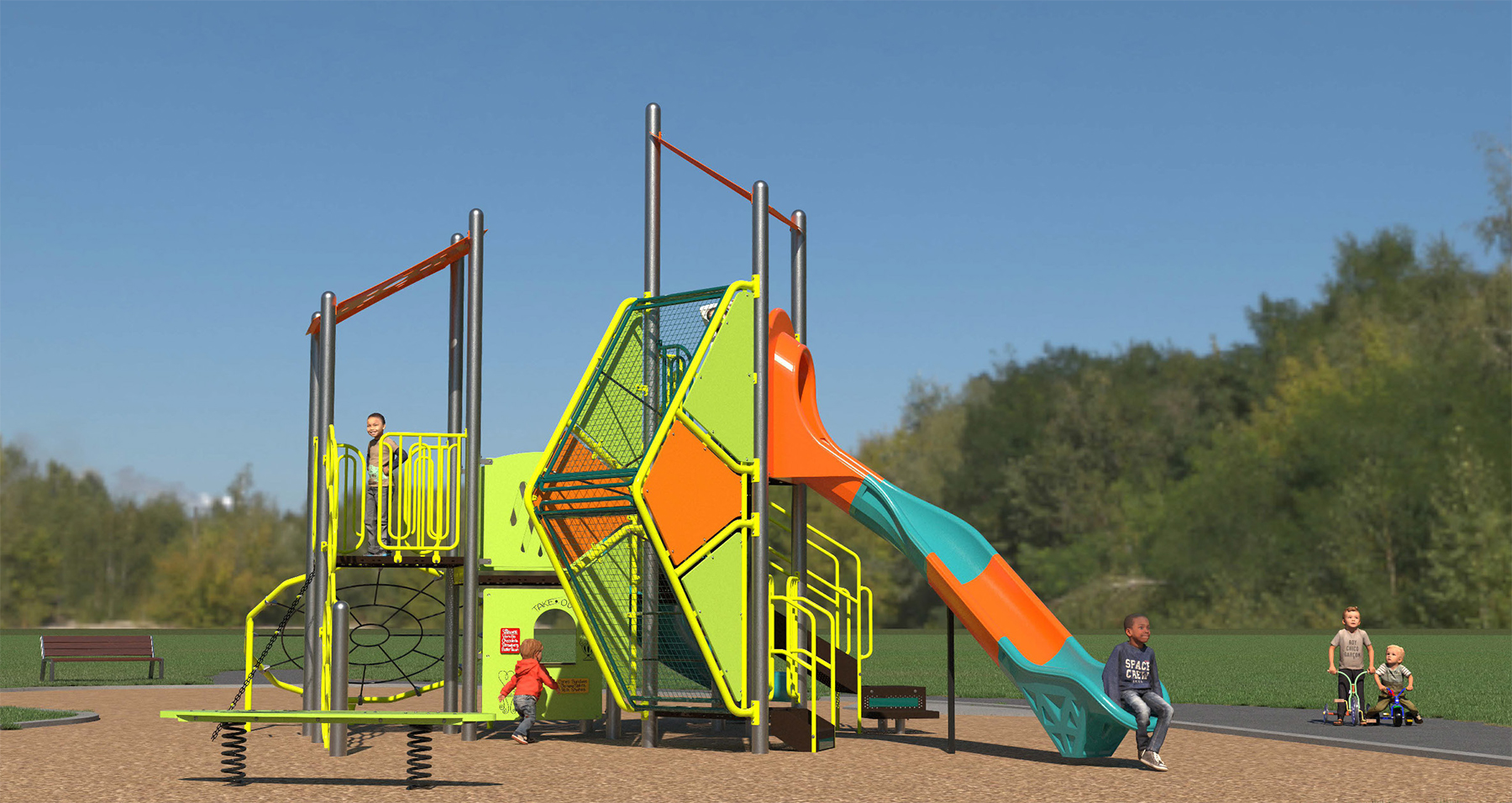 The final design for the new Heathrow Park Playground, side view looking north. The playground will be lime green, silver, orange and teal, and include the play features listed following the image(s).