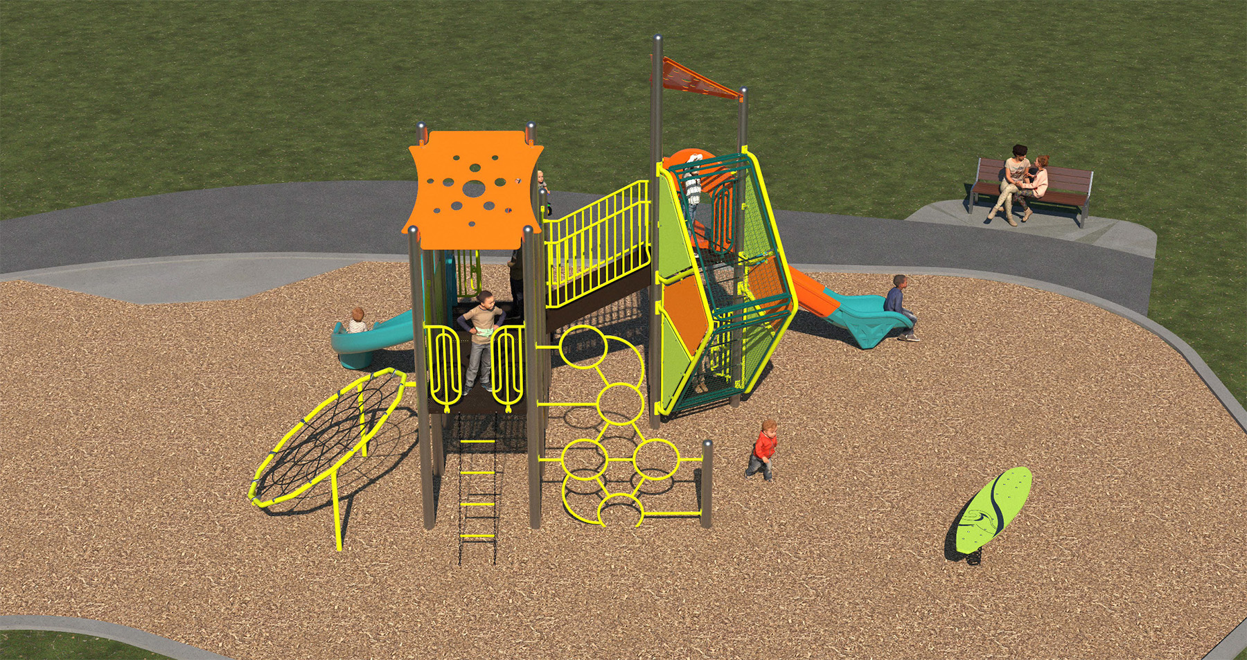 An aerial view of the final design for the new Heathrow Park Playground, which has been refined based on community feedback. An extra bench has been provided and can be seen beside the new play equipment. The playground will be lime green, silver, orange and teal, and include the play features listed following the image(s)