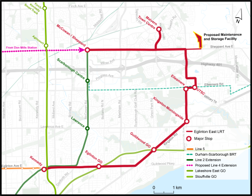 Project map identifying the route as described in the test. Kennedy Road is the to west, Eglinton Avenue is to the south on the bottom of the map with Kingston Road connecting from Eglinton Avenue to Morningside Avenue on east on the right of the map and Sheppard Avenue along the north at the top of the map. There is a short extension at the top of the map going north from Sheppard Avenue to Malvern Town Centre.