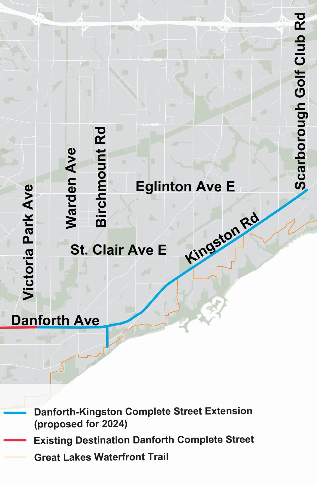 Map of proposed Danforth-Kingston Complete Street Extension, in addition to the existing Destination Danforth Complete Street and Great Lakes Waterfront Trail