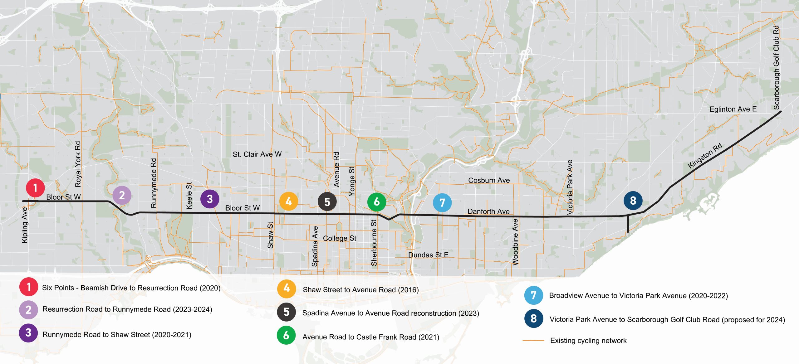 Map of existing and proposed segments of the Bloor-Danforth-Kingston bikeways