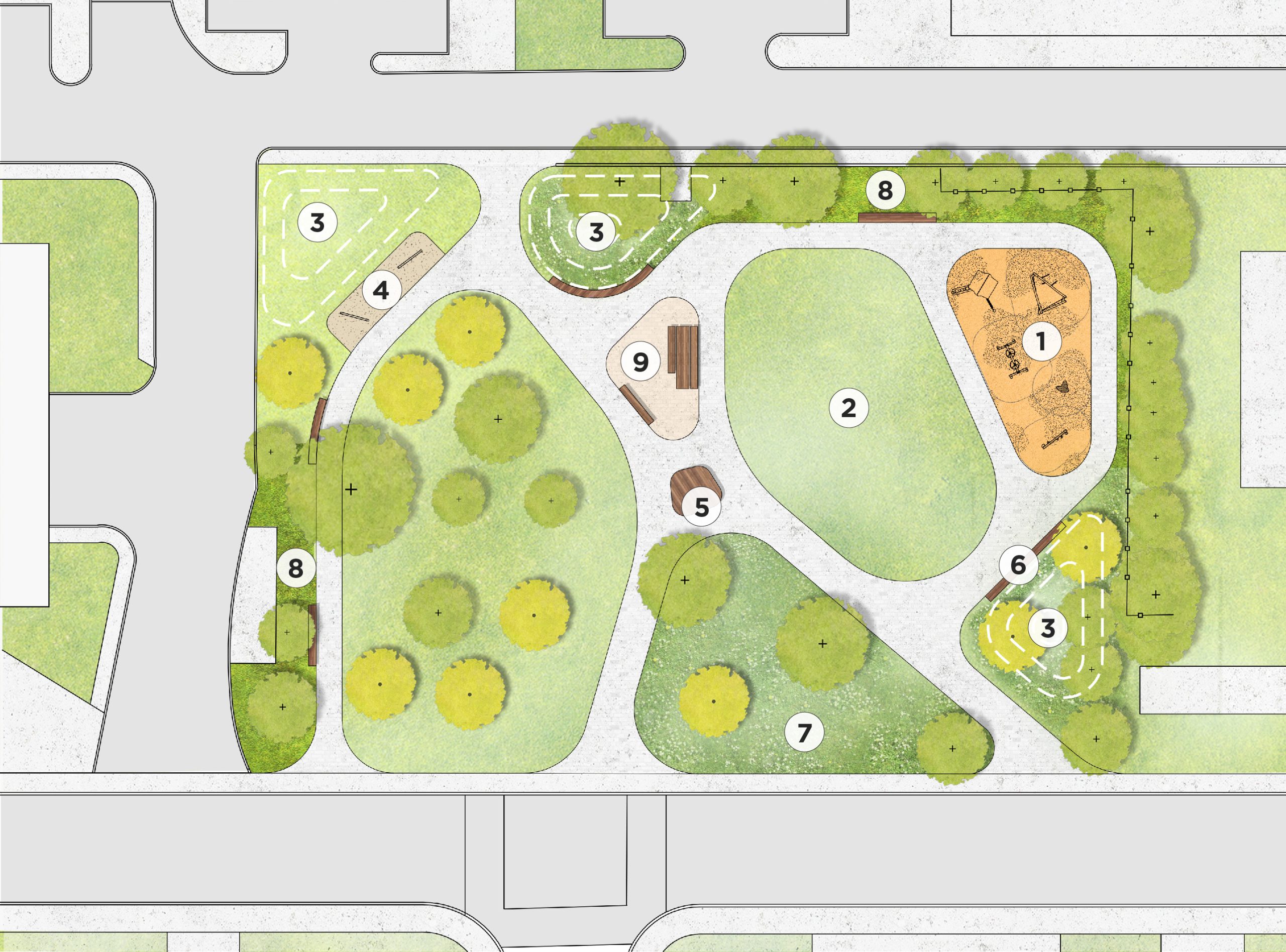 Aerial view of the design option for the parkette, with the main park entrance from Erskine Avenue where multiple defined pathways lead to activity areas. From the bottom left corner to top right corner, there is a meadow with landforms, benches, shrubs and greases around the west and north perimeter of the park, platform seating and a picnic area near the centre adjacent to the open lawn area, fitness equipment at the west, and playground at the top east section of the parkette.