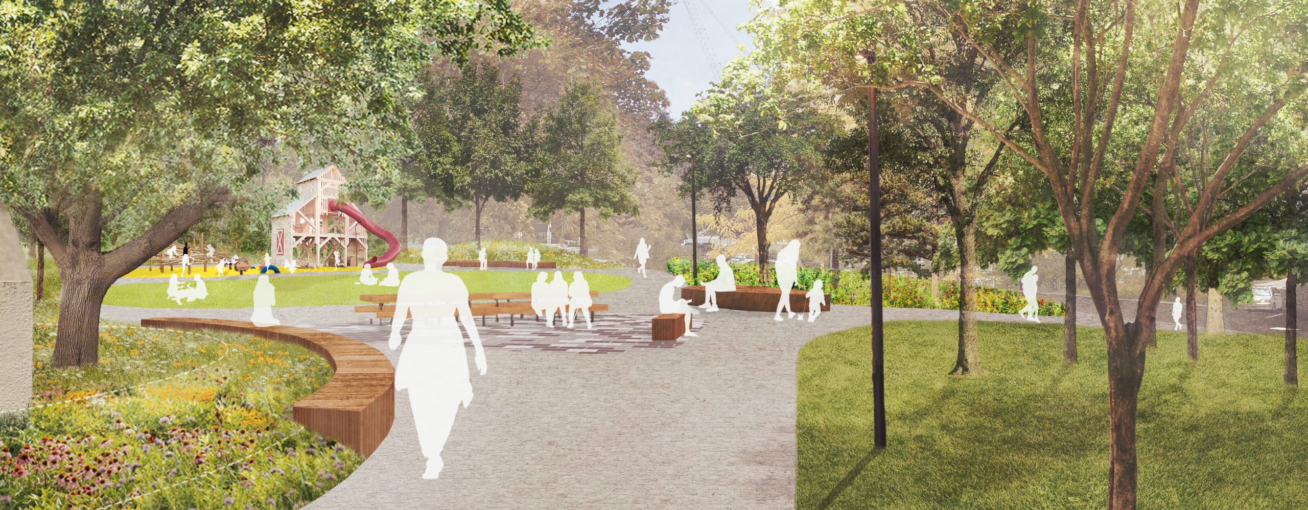 Illustrative image showing the parkette entrance from the north, looking southeast through the parkette. A seat wall in the foreground wraps around a green space with a tree and meadow plantings. Further into the distance, people are sitting on platforms, benches, and picnic tables.