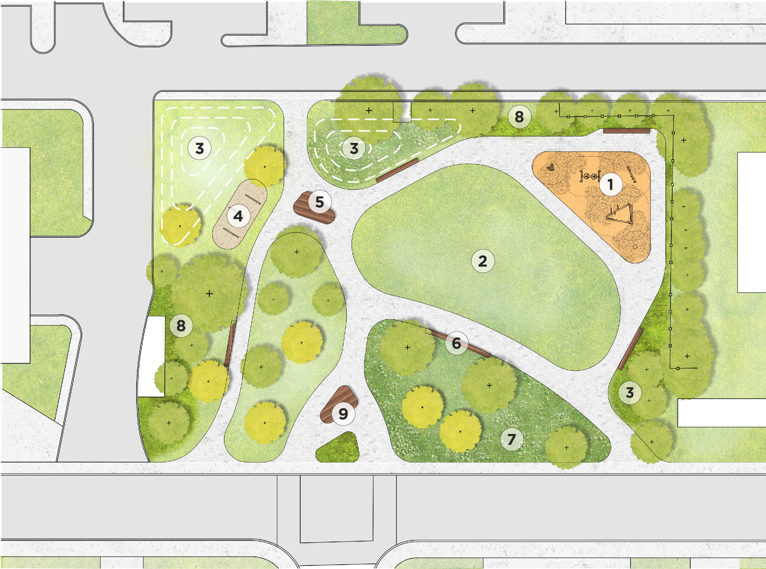 Aerial view of the design option for the parkette, with the main park entrance from Erskine Avenue where multiple defined pathways lead to activity areas. From the bottom left corner to top right corner, a south entrance adjacent to a meadow and landforms, benches, shrubs and grasses, an open lawn at the centre with platform seating and fitness equipment to the west, and a playground at the top right corner.
