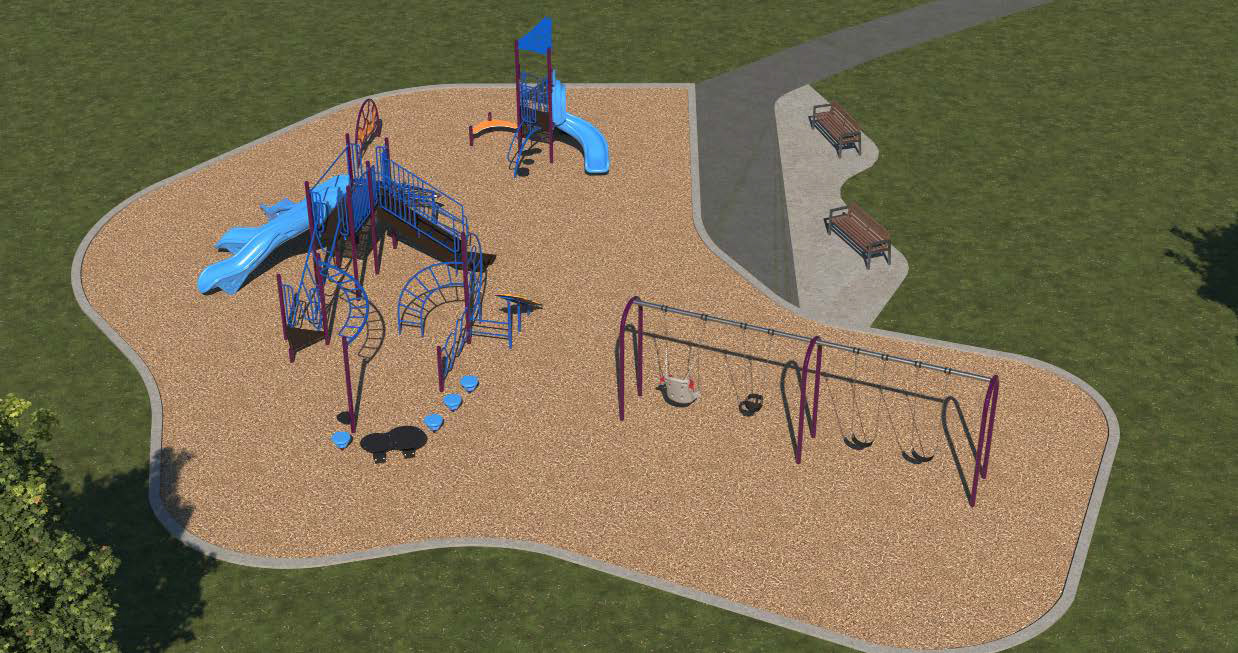 The final design for the new Lambton Park Playground, which has been refined based on community feedback and budget. It will be (purple, blue, cyan with orange accents) and include the play features listed following the image.