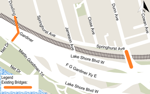 The Dunn and Dowling Avenue Bridges are located in Parkdale-High Park with the Parkdale neighbourhood to the north, Exhibition Place to the east and the Lake Ontario Waterfront to the south. Both bridges cross over the Metrolinx/GO Transit rail corridor. The Dowling Avenue Bridge also crosses the Gardiner Expressway to lead pedestrians and cyclists to the Martin Goodman Trail south of Lake Shore Blvd. West. 