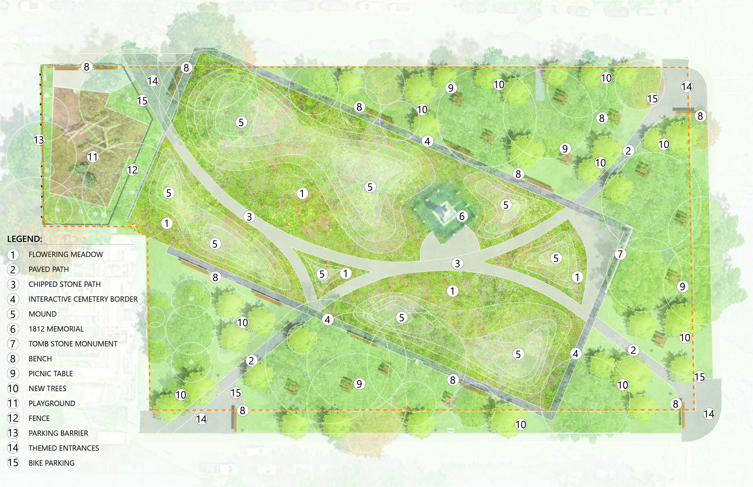 Map of the first design option featuring the existing path configuration with two paths moving through the park, an interactive cemetery border, a flowering meadow covering the cemetery, enhanced park entrances, maintained lawn areas around the cemetery, and new park furniture, including benches and picnic tables.