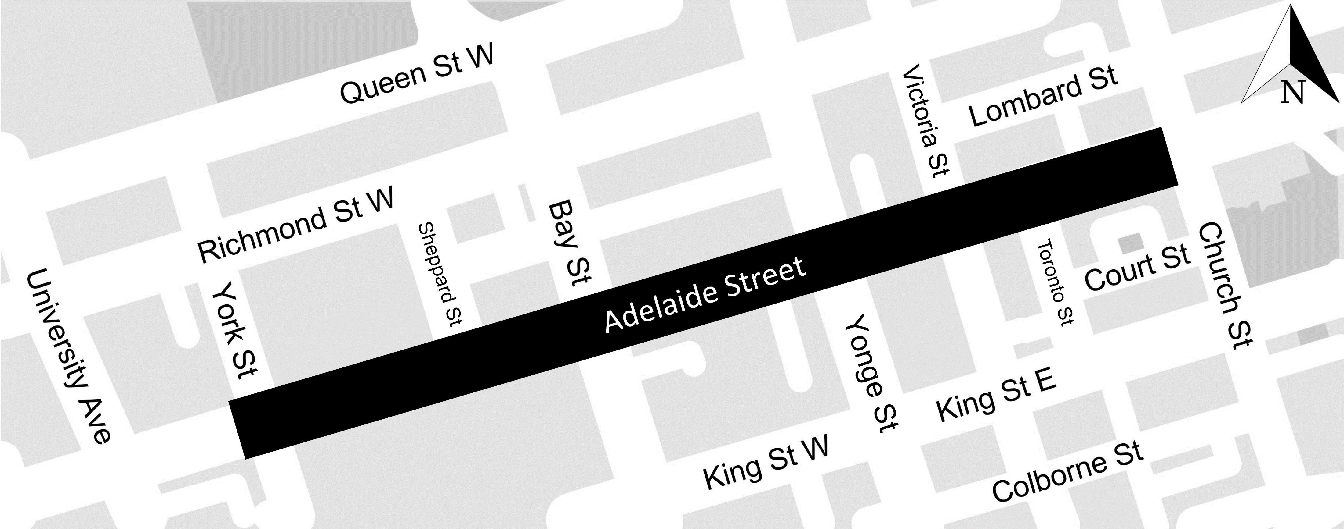 Map showing construction workzone on Adelaide Street from York Street to Church Street