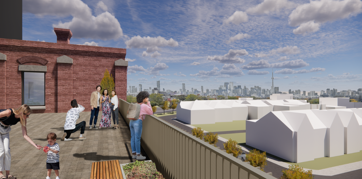 A rendering illustrating the view to the neighbourhood from the South Rooftop located on the third floor. The view shows a visual connection down to Wabash Avenue as well as the visual connection to the downtown in the distance. The rendering illustrates the hardscape amenity of the South Terrace for leisure and gathering concentrating on the reuse of the brick façade as part of the design.
