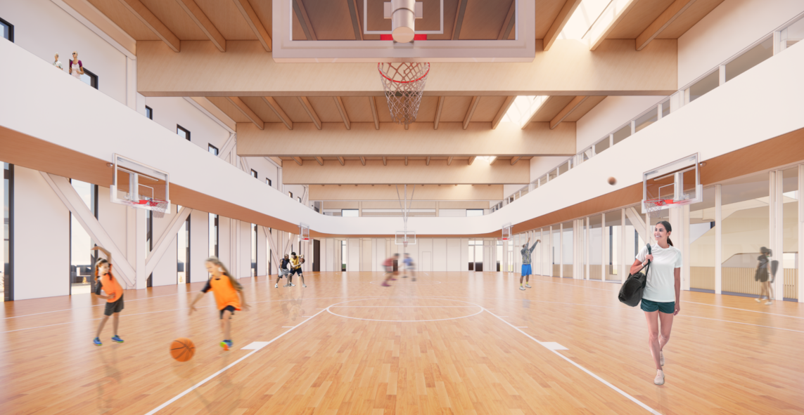 A rendering illustrating the double storey gymnasium with an upper running track. The materiality of the gymnasium is a combination of wood exhibited in the heavy timber structure and roof as well as the sprung wood flooring, and light-colored walls. The view is looking north, hence to our left are windows that look out over the park and to the right is a glass wall that connects to the corridor and the multistory atrium.