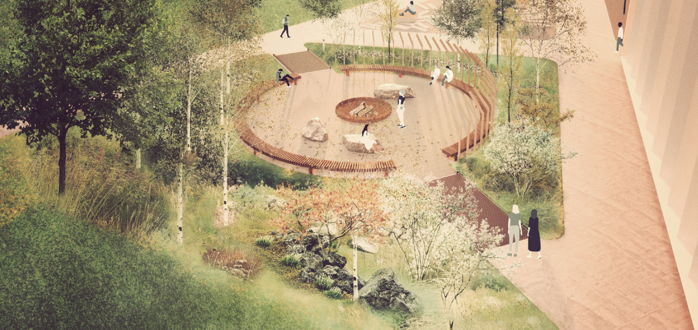 A bird’s eye perspective rendering, facing north, of the Sacred Fire Ceremonial Space. The image depicts a central circular space surrounded by a bio-swale and sloped native plantings, including trees, as well as a stone river-bed feature. In the centre of the circle is the sacred fire feature, 3 large boulder elements, and semi-circular bench seating. The central circular space is accessed via two at-grade crossings over the bioswale. These crossings are constructed of a grated material that allow water to flow through and beneath. The north edge of the circle has a canopy structure with privacy screen, and the south of the circle is a sloped and planted embankment facing north.