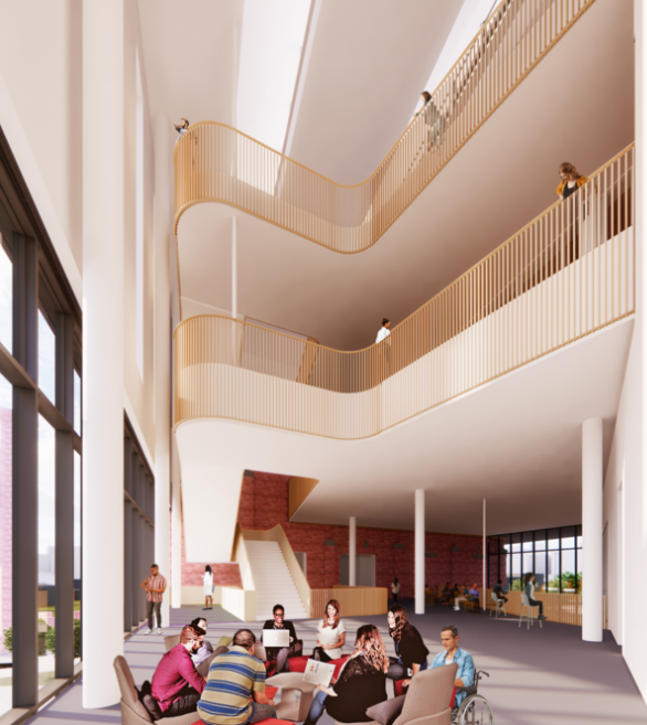 The rendering illustrates the multilevel connectivity of the atrium space connecting levels 1 through 4. The view here is from the north looking south toward the lounge area and the feature stair which connects all the levels together.
