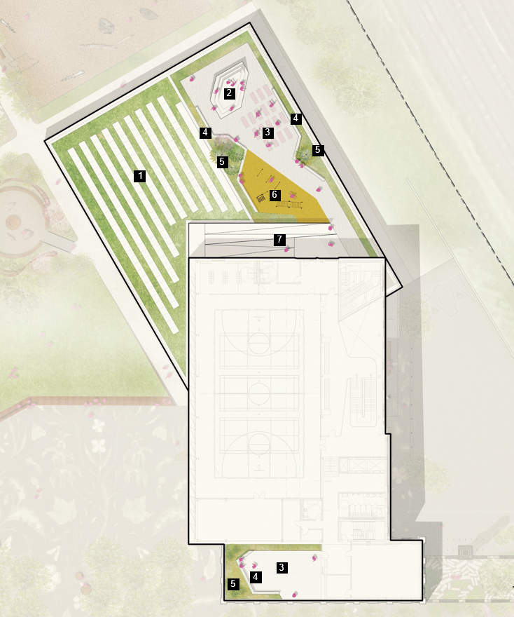 A rendered plan view of the Level 3 Green Roof and Amenity Terraces. On the north side is a large roof area. The west side facing the park is a large expanse of extensive green roof planting integrated with photovoltaic cells. The east side facing the city is a large pedestrian terrace with accessible access ramp, fitness area, seating, intensive green roof planting, and a raised wooden viewing platform. On the south side of the building is a smaller terrace with seating and intensive green roof planting.