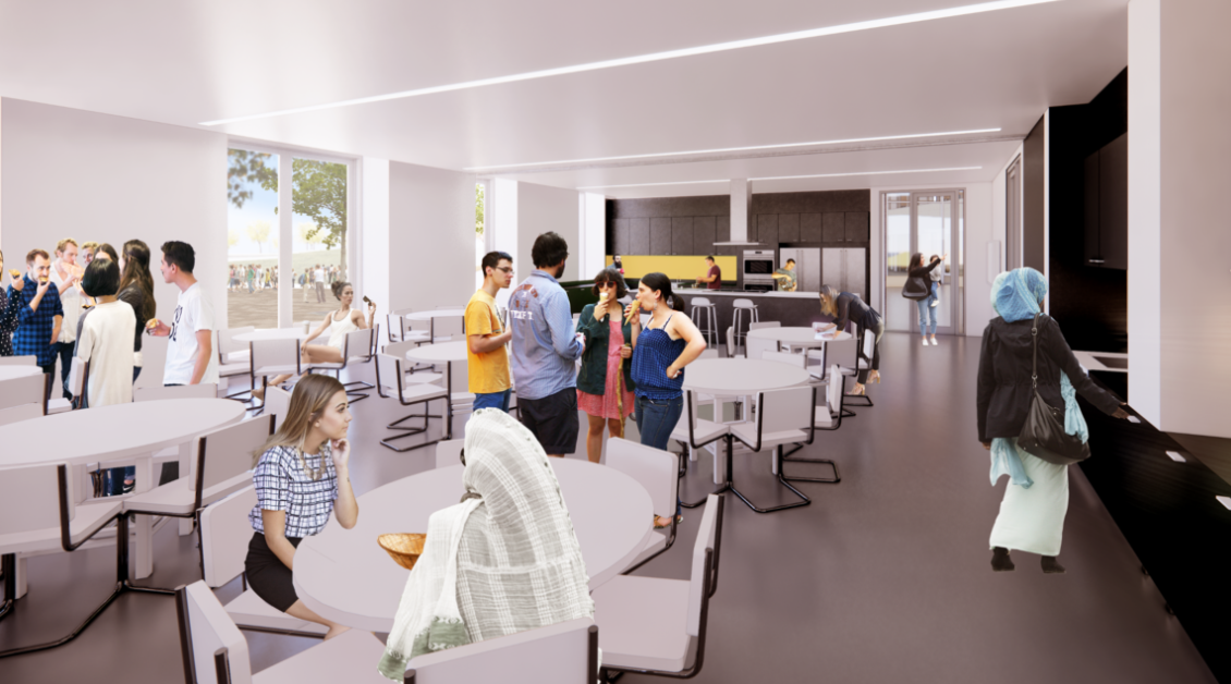 The rendering of the proposed design shows a banquet seating arrangement to the space in the foreground with the teaching kitchen in the background. Adjacent and on either side of the kitchen we have doors connecting us to the park / community plaza on the left and the lobby space on the right.