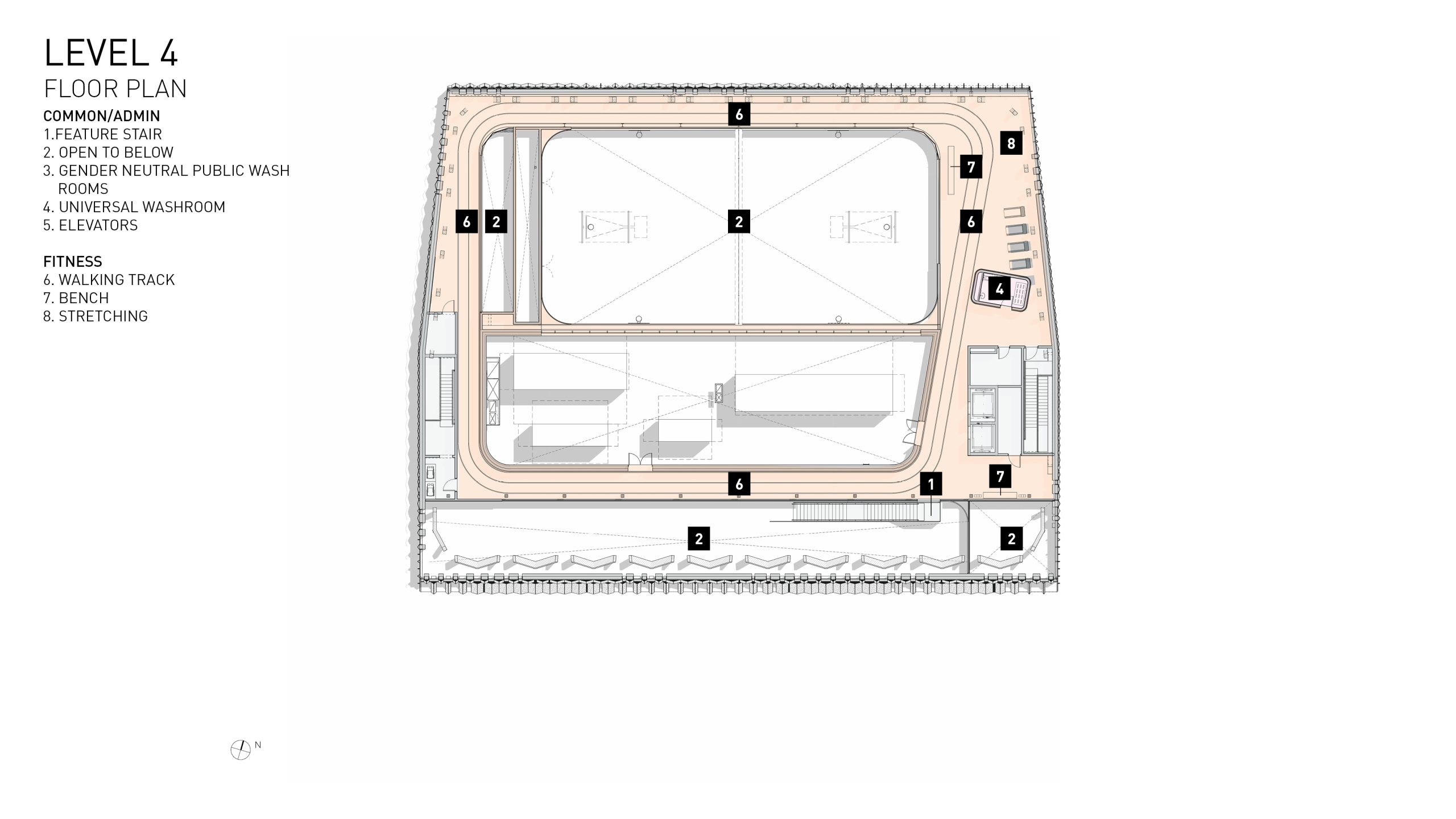 Plan detailing the fourth floor. A walking track with expanded areas for stretching wraps around the building perimeter and provides glazed views into the weight room, gymnasium, atrium, and activity rooms below as well as out to the park and surrounding streets. There is a universal washroom on the east side north of the elevators. Access to a feature stair to the lower levels is located on the south east side in proximity to the elevators.