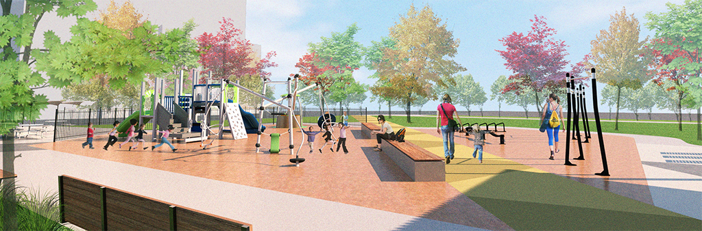 A rendering of the proposed walking path located on the western side of the parkland, with benches located on the side of the path for resting. A couple groups of lounge chairs are proposed below cherry trees in a sodded area.