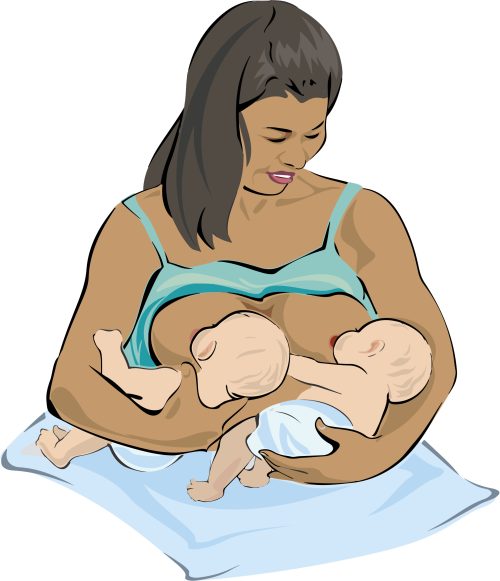 Mother holds her first infant in the cradle position and position the other infant so that the body is parallel to their sibling