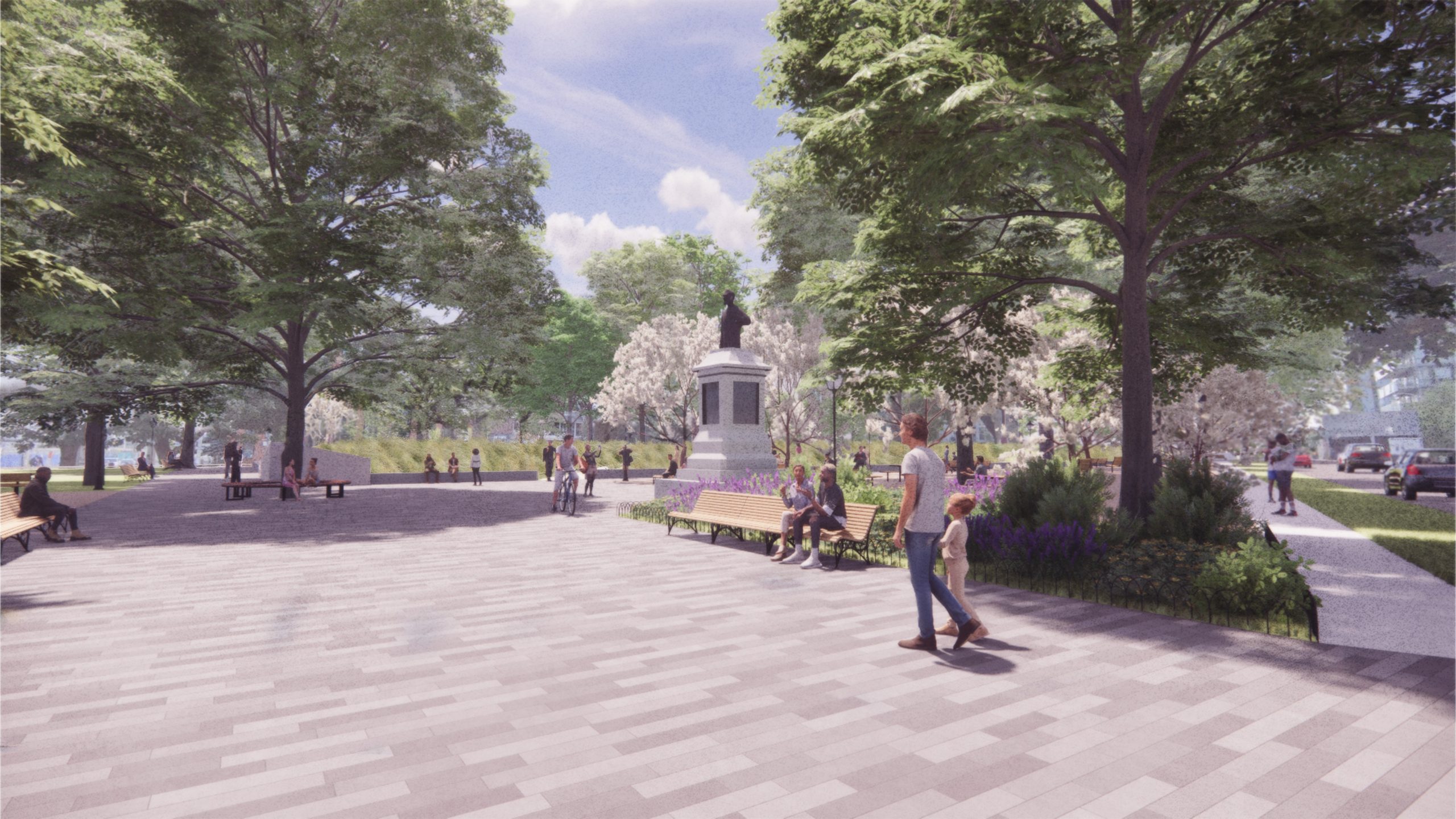 Rendered view looking southwest shows an open plaza at the northeast entrance to the park, including the 1812 memorial. The plaza is framed by benches and planted areas. Looking straight towards the centre of the park, you can see an elevated cemetery edge with mounds of grass meadow covering the cemetery. The view is framed by a mature canopy of trees, and additional younger flowering trees.