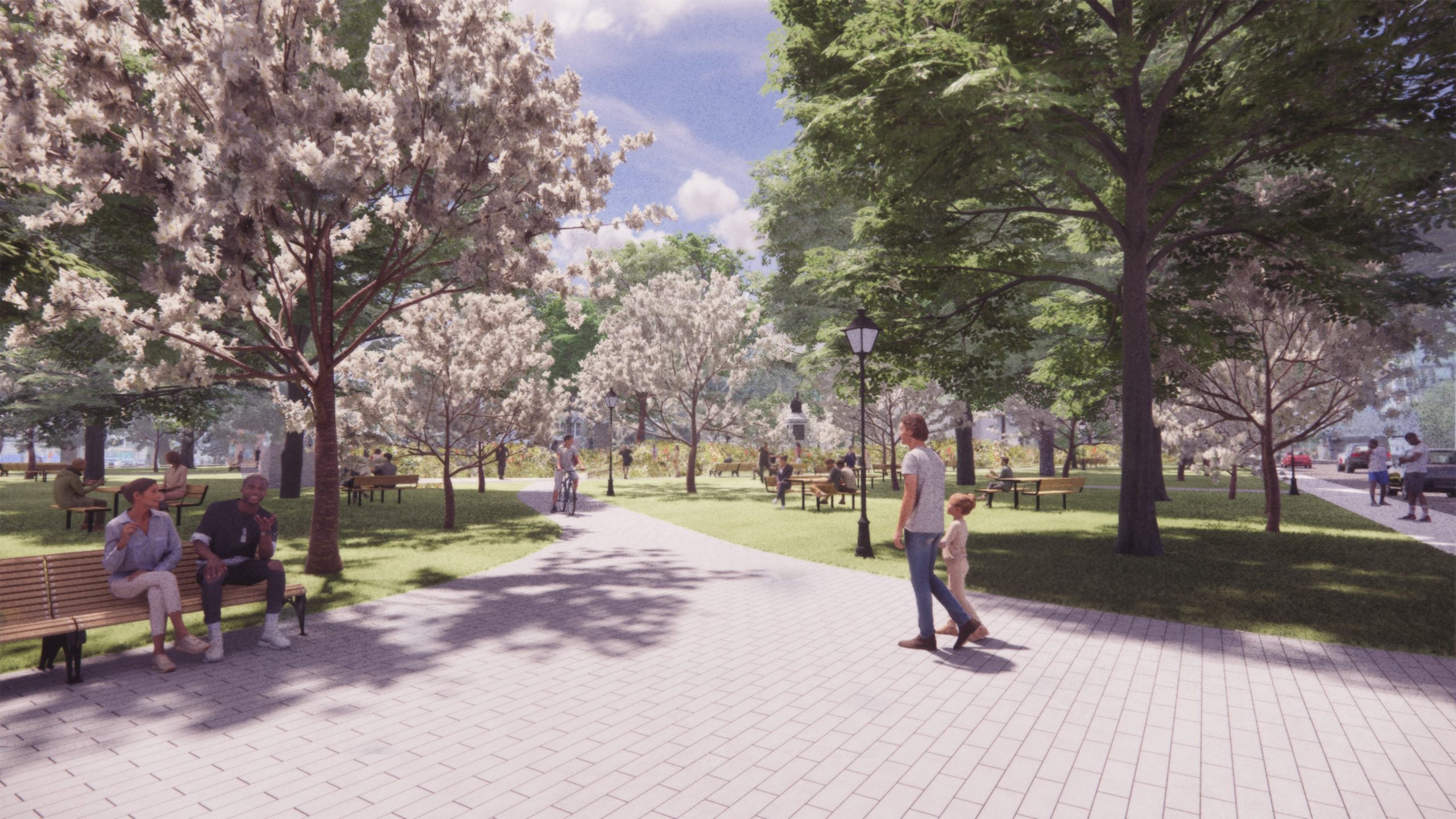 Rendered view looking southwest shows the north east entrance to the park, where people are sitting on benches and picnic tables. There is a path leading into the centre of the park, where you can see mounds of flowering meadow covering the cemetery, and a glimpse of the 1812 memorial in the centre of the cemetery. The view is framed by a mature canopy of trees, and additional younger flowering trees.