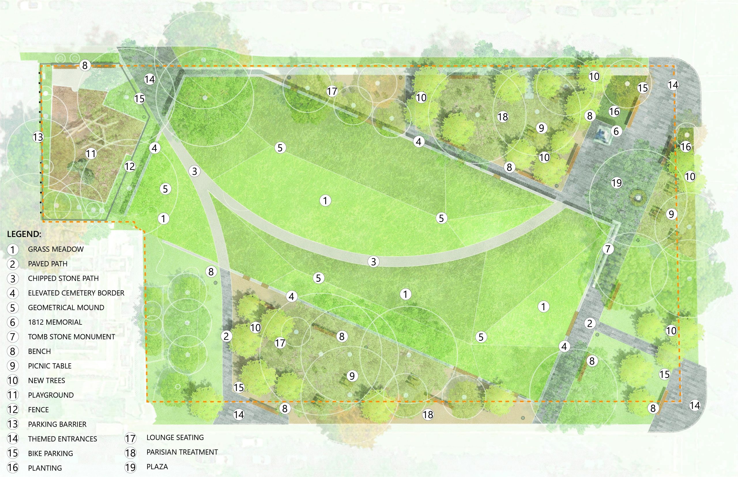 Map of the second design option featuring one major walking path through the park, an elevated cemetery border, a grass meadow covering the cemetery, enhanced park entrances, a plaza to the north east corner of the park including the 1812 memorial, areas with a Parisian treatment surrounding the cemetery, and new park furniture, including benches, lounge chairs, and picnic tables.