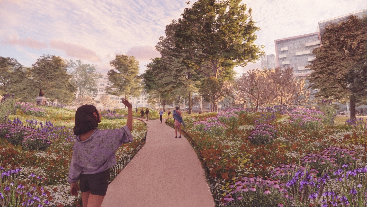 Rendered view looking southeast shows people walking on a path through the centre of the cemetery area, surrounded by mounds of flowering meadow. The view is framed by a mature canopy of trees and a couple of smaller flowering trees.