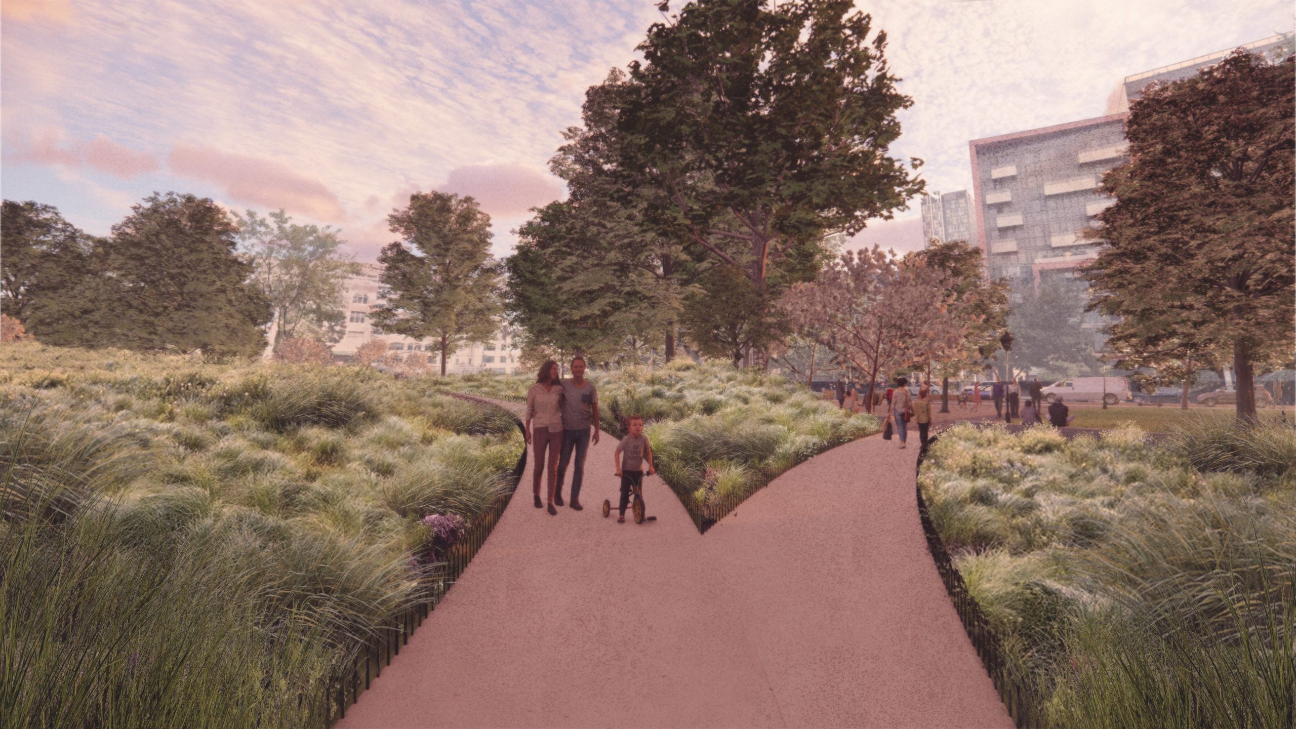 Rendered view looking southeast shows people walking on a path through the centre of the cemetery area, surrounded by mounds of grass meadow. The view is framed by a mature canopy of trees and a couple of smaller flowering trees.