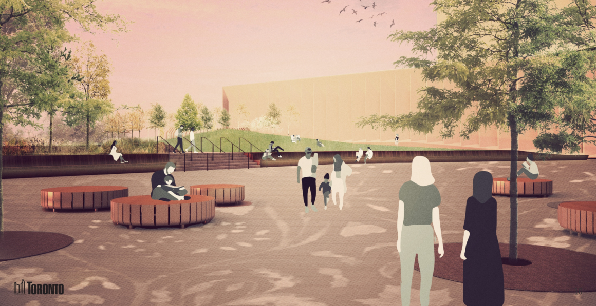 An eye-level perspective rendering, facing north, illustrating town square at Wabash Community Centre. In the foreground of the image are pedestrians walking beneath rows of tree plantings in permeable paving material. Beneath the trees are circular seating platforms. The paving material of the Town square is visible and depicts an abstracted Metis-beadwork pattern. At the north end of the Town Square is a long two-tiered bench with a sloped lawn behind. Also visible is a staircase leading from the Town Square to the north, and in the background is the Wabash Community Centre.