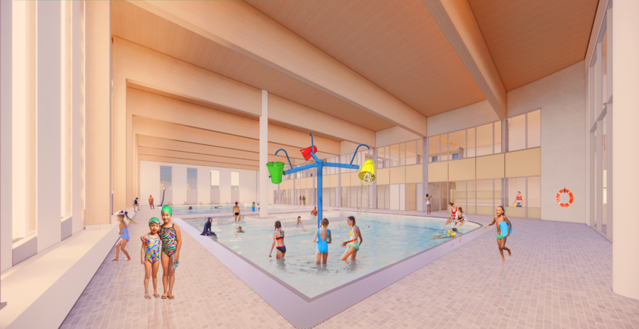 A rendering of the proposed design for the aquatic wing, with a viewpoint from the south end of the Natatorium looking northwards towards the lane pool. The leisure pool with a bucket water dump play structure. The wall to our left is punctuated by openings to the park, and the view to the right is looking towards the change rooms on the ground floor and fitness areas on the second floor. Both adjacent areas are separated through glass partitions for visibility and security.