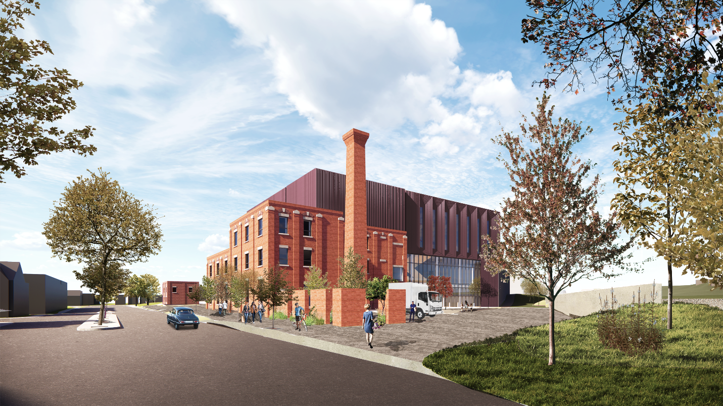A rendering showing the three building massing volumes surrounding a glass entry condition. The reuse of the existing building façade plays a large part in the overall development. This rendering also shown the open to sky contemplative space and the newly restored chimney stack, both which were part of the original factory building.