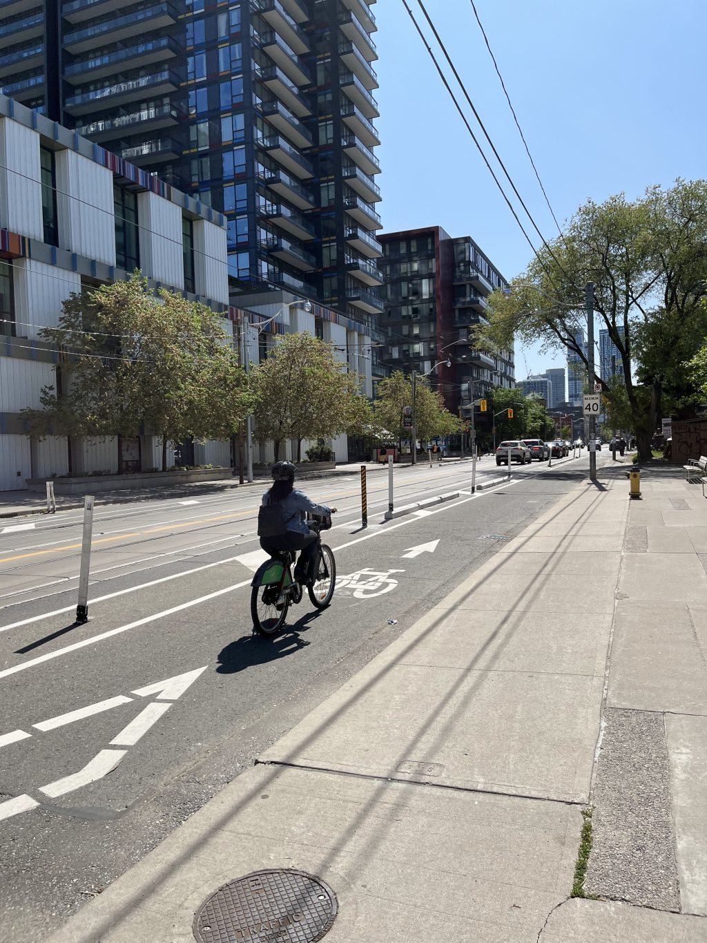 A person cycles in a bike lane protected from motor vehicle traffic by concrete curbs and flexible posts. 