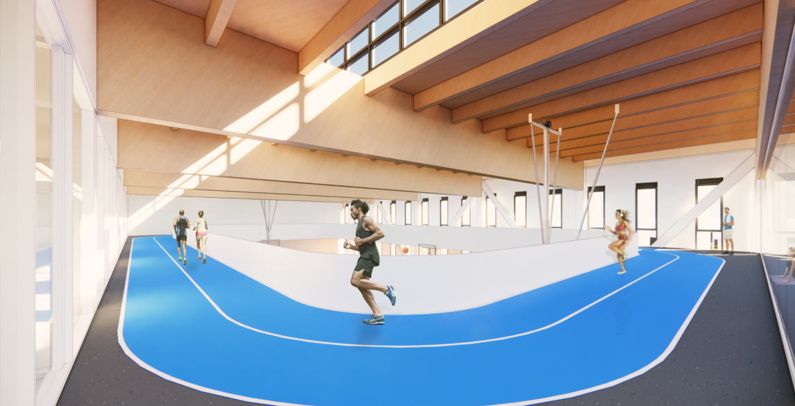 A rendering illustrating the running track as seen from the northeast corner of the space. Looking southwest down the track we see the windows to our right which connect the space to the park below. Up above we see the heavy timber roof structure with skylights for added daylighting and natural ventilation.