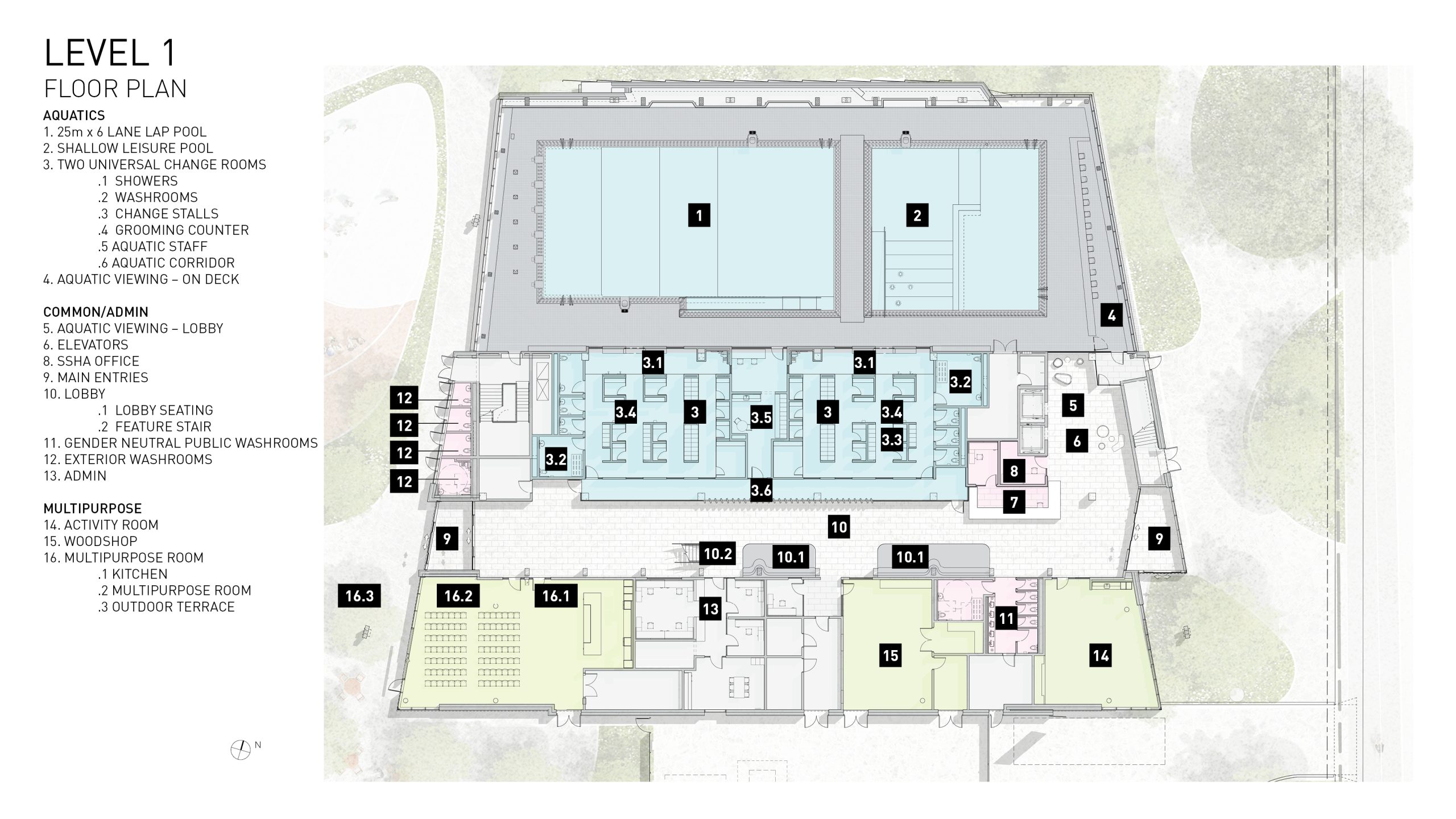Plan detailing the ground floor. The Aquatic Hall is to the north. A centrally located “L” shaped lobby connects the Aquatic Hall to the north and main Sherbourne Street entry on the east. Reception is located adjacent the main entry. Multipurpose rooms and admin spaces line the south side of the lobby, which extends up to 4 storeys in height above. On the east side, an activity room has views onto Sherbourne Street. Public washrooms are between the east activity room and the wood shop and exterior washrooms have been provided on the west face of the building to the north of the park entry.