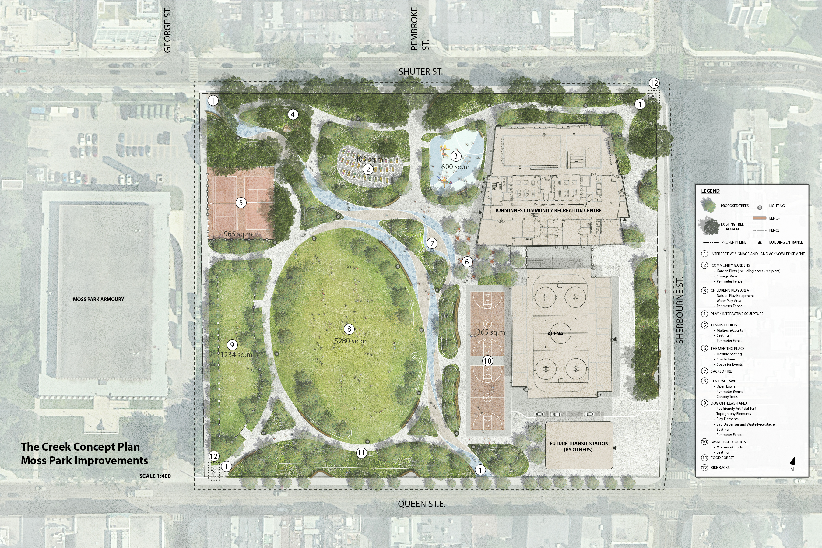 Preferred concept plan for Moss Park. A main path extends from the north-west corner diagonally to the south. Entry points are located at each of the site corners, and at Pembroke Street, with interpretive signage, including an Indigenous Land Acknowledgement. In the center is a large open lawn. Along the north edge of the site the existing trees are proposed to remain, with a new walking path weaving below them. The play area is located west of the new CRC building, featuring both a dry and water play area. An open plaza space, with flexible seating and canopy trees, is located west of the CRC programming space. A large community garden space is located centrally, while tennis courts are proposed to remain in their current location at the west. East of the arena are two basketball courts with seating, and on the other side of the central lawn is located an off-leash area. 