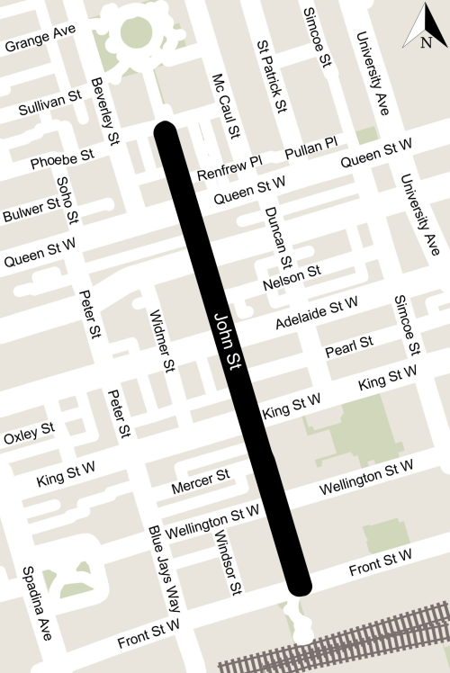 Map showing project area on John Street from Stephanie Street to Front Street.