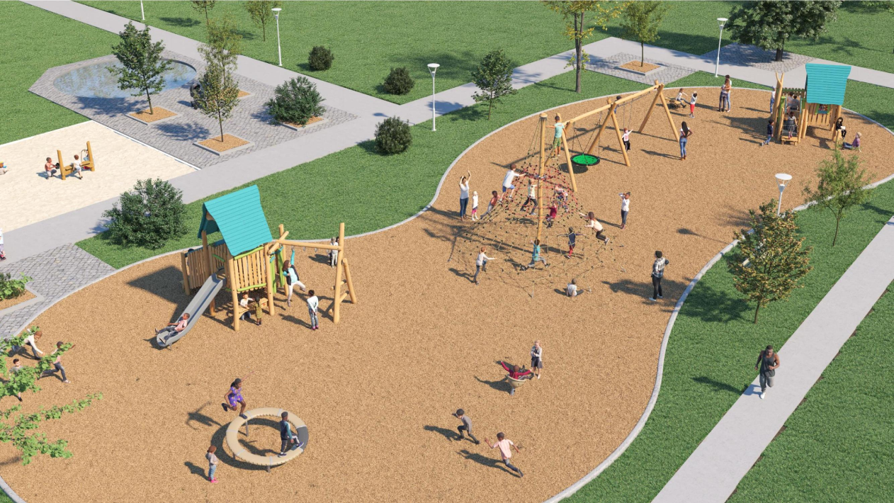 A rendering of Playground Design A for the Florence Gell Park Playground improvements, looking to the south from the north. From the lower-left to the upper right it includes a supernova spinner, a senior play structure, a large rope climber, and swing set and a junior play structure.
