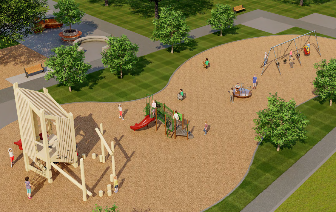 A rendering of Playground Design b for the Florence Gell Park Playground improvements, looking to the south from the north. From the lower-left to the upper-right it includes a senior play structure, a junior play structure, spinners and a swing set. 